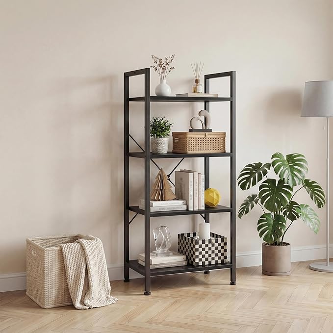 DUMOS 4 Tiers Bookshelf, Classical Book Shelf, Tall Display Shelves in Living Room/Home/Office, Storage Organizer for CDs/Books/Movies, Black - Image 2