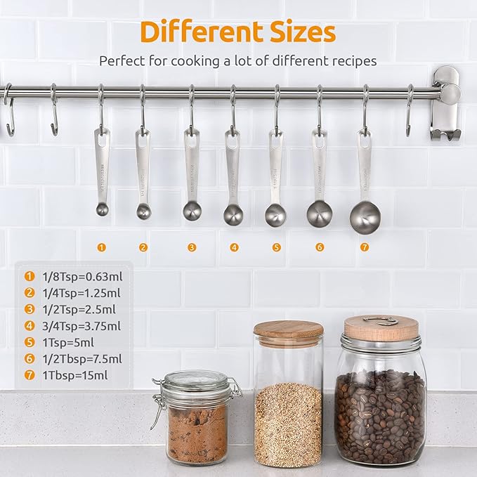 U-Taste 18/8 Stainless Steel Measuring Spoons Set: 7 Piece - 1/8, 1/4, 1/2, 3/4 tsp, 1 tsp, 1/2 & 1 tbsp for Dry & Liquid Ingredients - Image 2