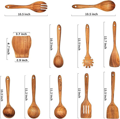 Wooden Spoons for Cooking,Wooden Utensils for Cooking 11 Pcs Wooden Kitchen Utensils Set Wooden Spatulas for Cooking Wooden Cooking Utensils with Holder, 14.37*4.13*3.54, Brown - Image 2