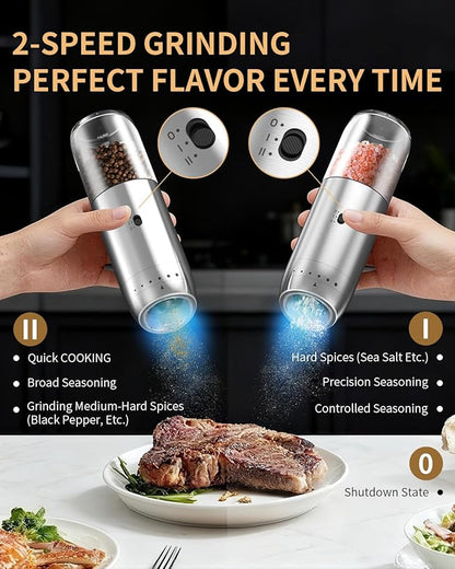 Gravity Electric Salt and Pepper Grinder Set with Rechargeable Base, 2-Speed Grinding Control Stainless Steel Pepper Mill Set with Adjustable Coarseness, LED Light & 176ml Large Capacity - Image 2