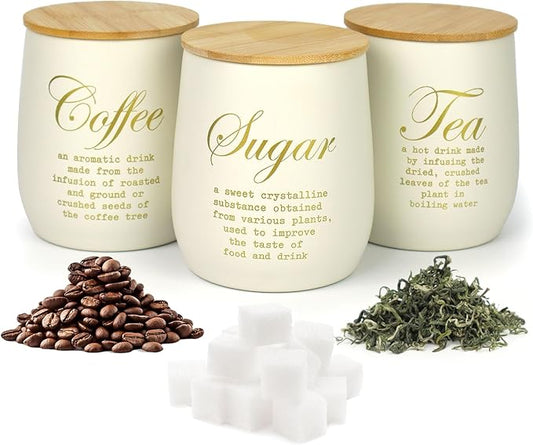 Coffee Tea Sugar Container Set of 3,Farmhouse Storage Containers Jars,Airtight Metal Kitchen Canister Set with Bamboo Lids for Kitchen Counter Dining Room (Metal, 1)