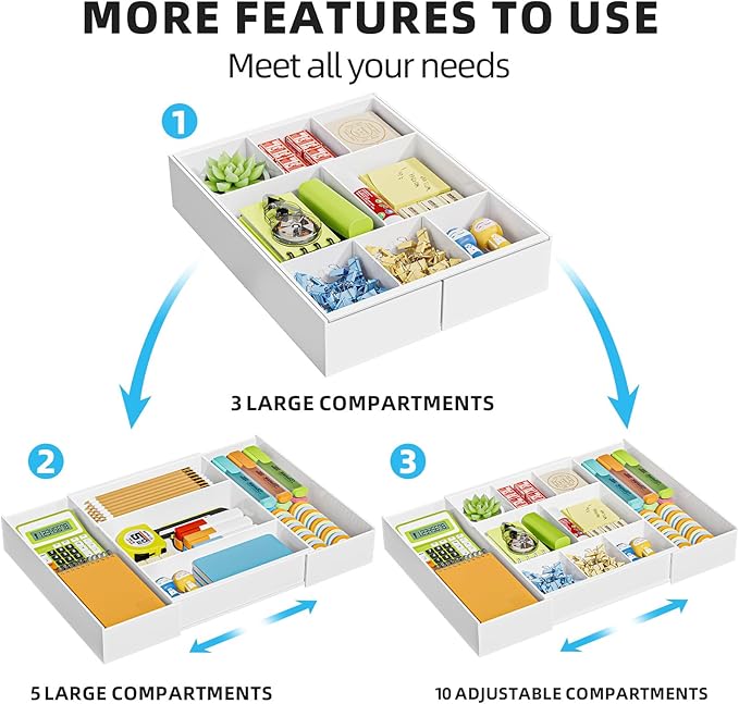 Marbrasse Expandable Desk Drawer Organizer, Clear Plastic Drawer Organizer Tray with 10 Adjustable Compartments, Desk Organizers and Accessories, 5 Drawer Dividers for Office Supplies, Makeup(White) - Image 4