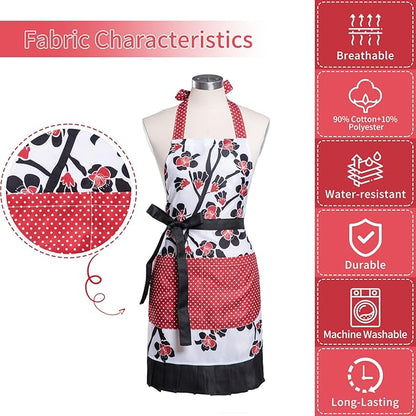 Lovely Flower Pattern Retro Aprons With Large Pockets for Women Girls Cooking Kitchen Bakery Mother's Gift
