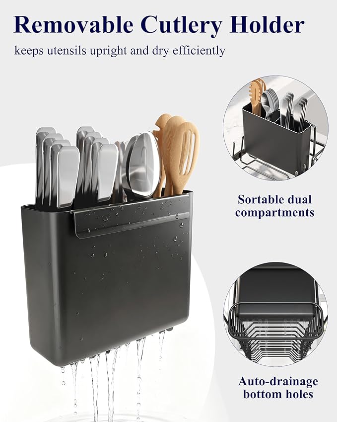 Kitsure Dish Drying Rack - Expandable Dish Rack for Kitchen Counter, Over Sink Or in Sink, Space-Saving Plates Dryer with Cutlery Holder & Drip Tray, 14.0"-20.9" L x 6.3" W x 8.0" H, Black - Image 6