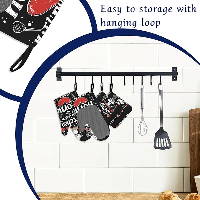 Funny Oven Mitts and Pot Holders Sets of 4 The Kitchen is The Heart of The Home Heat Resistant Silicone Oven Mits Gloves Non-Slip Kitchen Mittens Potholders for Cooking Baking Grilling BBQ