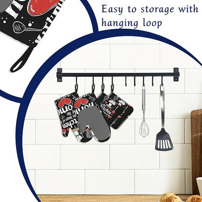 Funny Oven Mitts and Pot Holders Sets of 4 The Kitchen is The Heart of The Home Heat Resistant Silicone Oven Mits Gloves Non-Slip Kitchen Mittens Potholders for Cooking Baking Grilling BBQ