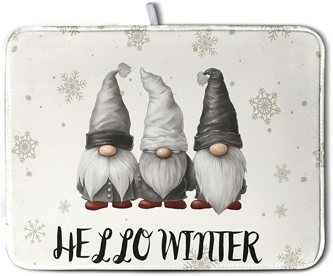 Winter Gnome Dish Drying Mat for Kitchen Counter 18x24 Christmas Snowflakes Santa Kitchen Drying Mat Hello Winter Dish Drainer Mat Super Absorbent Dish Rack Mat for Coffee Bar Countertop by Kwlegh