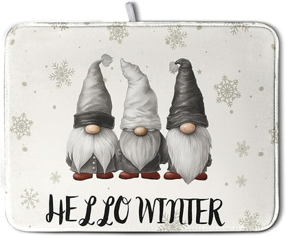 Winter Gnome Dish Drying Mat for Kitchen Counter 18x24 Christmas Snowflakes Santa Kitchen Drying Mat Hello Winter Dish Drainer Mat Super Absorbent Dish Rack Mat for Coffee Bar Countertop by Kwlegh