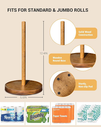 NESAPTO Paper Towel Holder Countertop, Wooden Standing Paper Towel Roll Stand for Rustic Farmhouse & Cottagecore Decor, Kitchen Bathroom Essential, Brown - Image 3