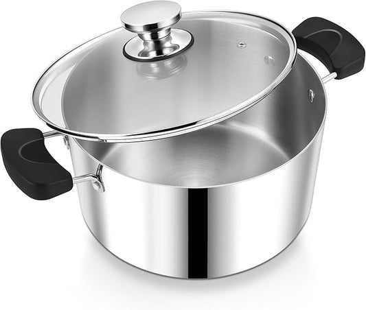 6 Quart 3-Ply Cooking Stock Pot with Lid, P&P CHEF Stainless Steel Large Pot for Pasta Soup, Work on Multi Stove, Heavy Duty & Dishwasher Safe, Dual Heat-resistant Handles & Transparent Glass Lid by PPCHEF