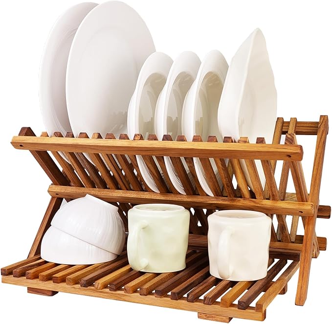 Utoplike 3 Tier Collapsible Teak Wood Dish Drying Rack, Foldable Large Capacity Dish Draine, Space-Saving Countertop Kitchen Organizer for Plates, Cups by Utoplike