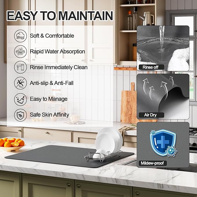 Ecotrim - Dish Drying Mat for Kitchen Counter | Coffee Bar Mat for Countertops | Heat Resistant Drainer Mat with Non-slip Rubber Backed | Hide Stain Kitchen Absorbent Draining Mat | Dark Grey 16"x18" - Image 3