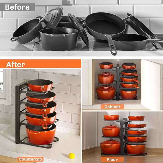 MUDEELA Pots and Pans Organizer Rack under Cabinet 8-Tiers Adjustable Heavy Duty 120LBS Pot and Pan Organizer inside Cabinet for Kitchen Organizer Cast-iron Pans, Heavy Skillets Griddles, Shallow Pots - Image 7