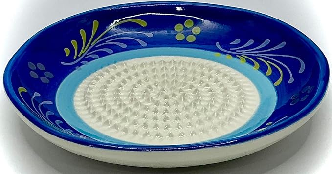 BonCera, All-in-one Premium Ceramic Garlic Grater Plate 4-Piece Set - Double Blue Circle Flower Design - For Garlic, Ginger, Chocolate, and more! - Comes with 5" Plate, Peeler, Brush, and Stand