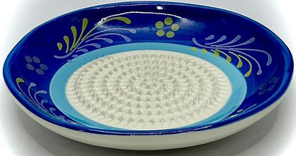 BonCera, All-in-one Premium Ceramic Garlic Grater Plate 4-Piece Set - Double Blue Circle Flower Design - For Garlic, Ginger, Chocolate, and more! - Comes with 5" Plate, Peeler, Brush, and Stand