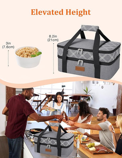 Vuudh Expandable Casserole Carrier Bag, Double Deckered Insulated Food Bag for 2 Dishes, Hot Cold Lasagna Holder Tote for Picnic, Potluck, Travel