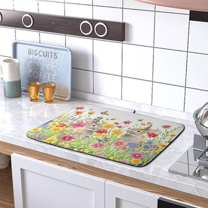 Easter Dish Drying Mat for Kitchen Counter Easter Bunny Flowers Dish Drying Pad Spring Rabbit Floral Dishes Drainer Mats Absorbent Microfiber Kitchen Countertop Protector Drying Mats 18x24 in - Image 5