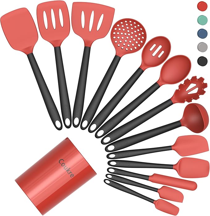 Coukre Silicone Kitchen Cooking Utensils Set with Holder – Heat-Resistant, Food-Grade Kitchen Tools, Spatula, Spoon & Gadgets for Non-Stick Pans, Dishwasher Safe (14, Red) by Coukre