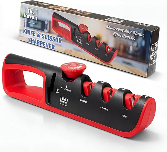 Knife Sharpener, 4-in-1 with Non-Slip Base and Adjustable Angle Guide, Perfect for Fruit Knives, Steel Knives & Scissors, Repair, Restore & Polish Blade (Black and Red)