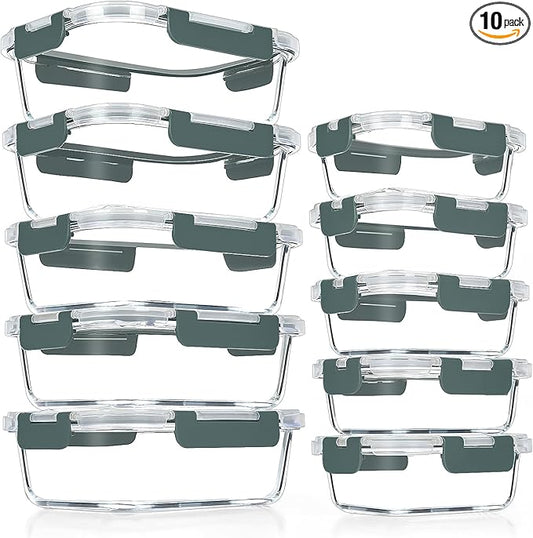 VERONES 10 Pack Glass Meal Prep Containers, Airtight Glass Lunch Containers, Stackable Glass Food Storage Containers Set with Lids,Exclusive of BPA,for Microwave, Oven, Freezer & Dishwasher,Grey by VERONES
