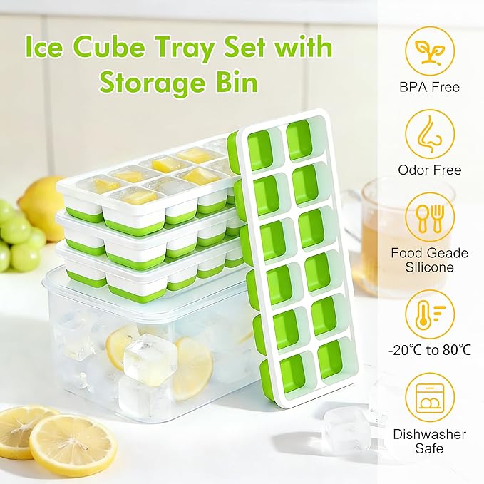 NFK Ice Cube Tray with Lid & Bin - 4 Pack 48 Cubes Stackable Silicone Trays for Freezer with Storage Container, Leak-Proof Lids, BPA-Free, Easy Release for Kitchen, RV, Party, Cocktail & Coffee - Image 2