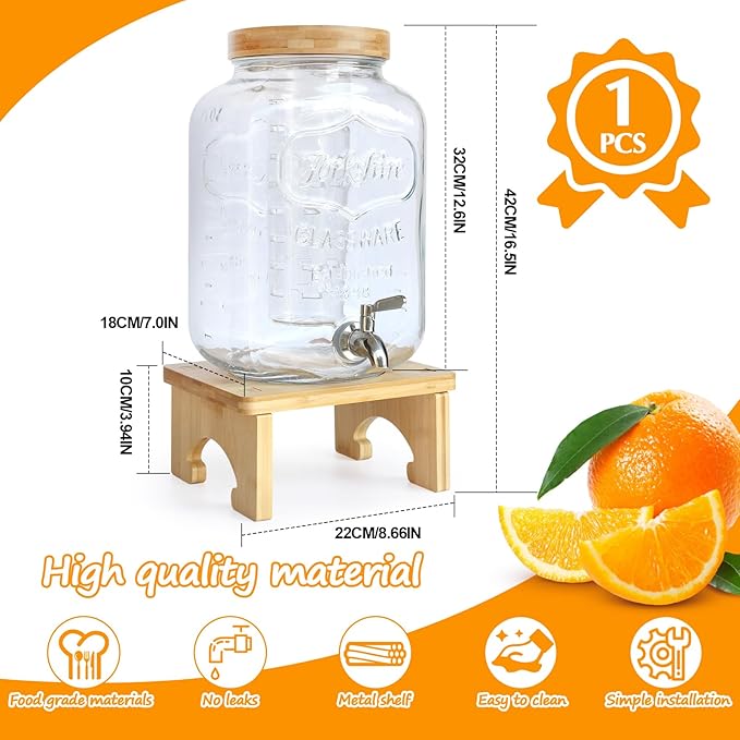 2 Gallon Drink Dispenser with Stand，Glass Beverage Dispenser With Wood Stand, 18/8 Stainless Steel Spigot and Labels Large Water Drink Dispensers for Parties, Lemonade,Juice, Tea - Image 3