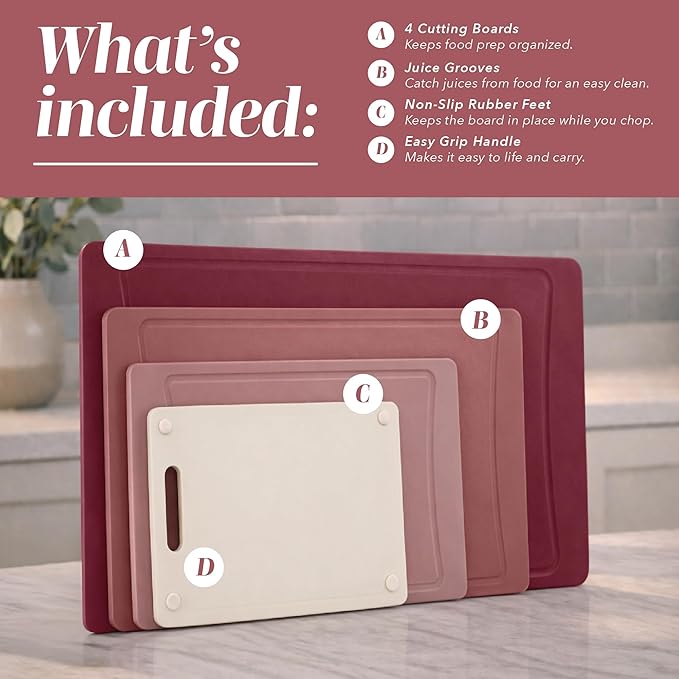 COOK WITH COLOR Non-Slip Cutting Board Set – Kitchen Essentials with Easy Grip Handle for Meat, Veggies, and Fruits, 4 Cutting Boards, Rose - Image 2