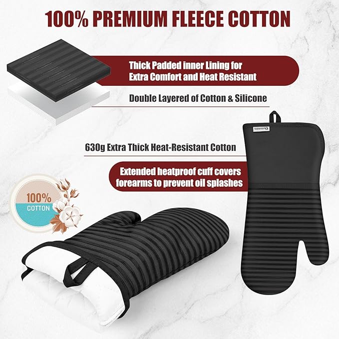 Oven Mitts and Pot Holder Sets with Silicone Grip, 500°F Heat Resistant-6 Pack Dishcloth/Dish Towels for Kitchen 100% Cotton-Value Kitchen Essentials for Cooking, Baking, Grilling-Black - Image 3