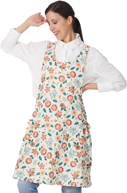 Cozy Adjustable Cross Back Aprons for Women with Pockets Cotton Linen Cooking Kitchen Baking