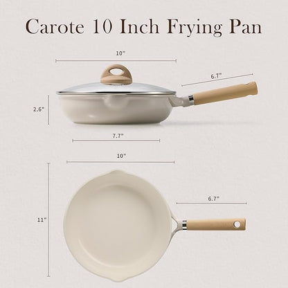 CAROTE 10" Ceramic Frying Pan with Lid, Non Stick Frying Pan Skillet Chef's Pan, Healthy & PFOA/PFAS Free, Induction-Compatible, Taupe - Image 2