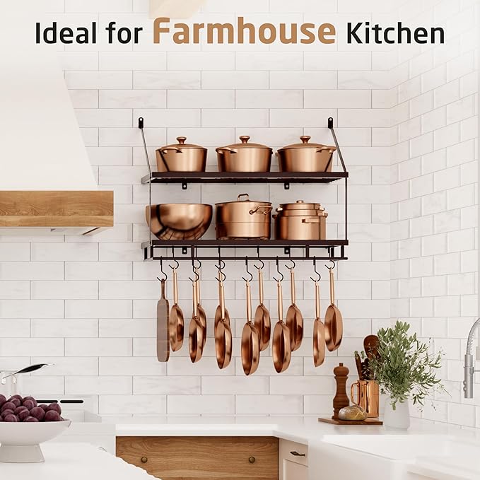 KES 30-Inch Oiled Bronze Pot Rack Wall Mounted, 2-Tier Hanging Pot and Pan Organizer with 12 Sturdy Hooks, Kitchen Wall Hanger Shelves Farmhouse Style, KUR215S75B-OB - Image 2