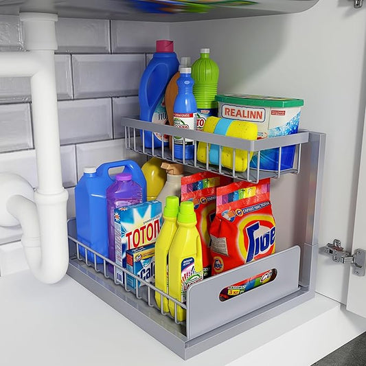 REALINN Under Sink Organizer, Pull Out Cabinet Organizer 2 Tier Slide Out Sink Shelf Cabinet Storage Shelves, Storage for Kitchen Bathroom, Grey, 1 Pack by REALINN