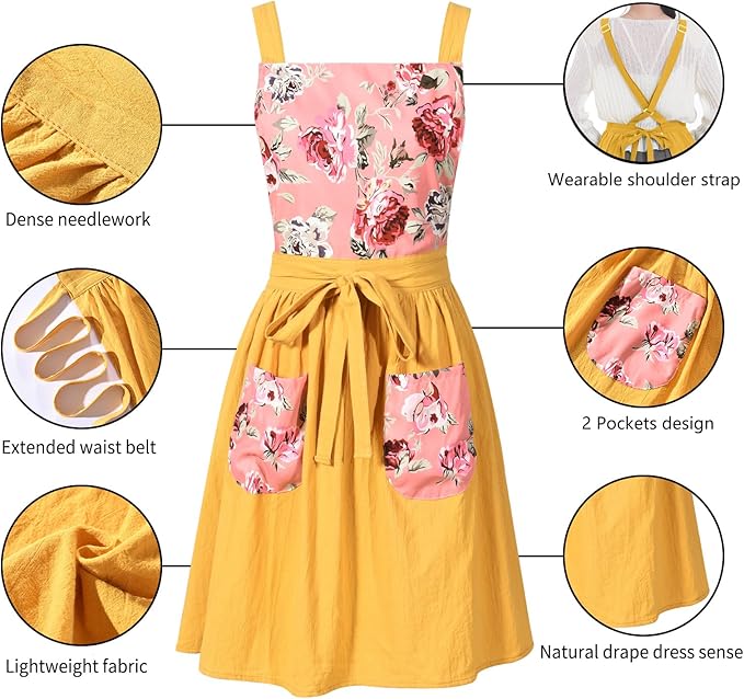 Pinknoke Vintage Pinafore Apron Dress for Women with Pockets Cute Floral Chef Aprons for Kitchen Cooking Baking Gardening - Image 6