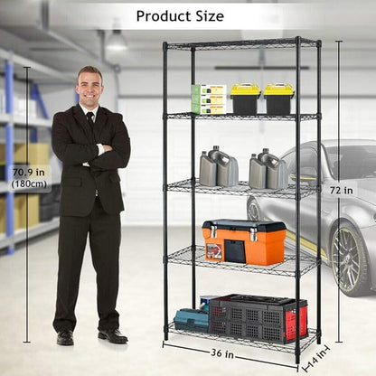 BestOffice | 5-Tier Wire Storage Shelves | 36x14x72 | Black | with Adjustable Racks | Heavy-Duty Metal Shelf, Holds Upto 1000 lbs | No-Tool Assembly | Ideal for Home & Garage Shelving