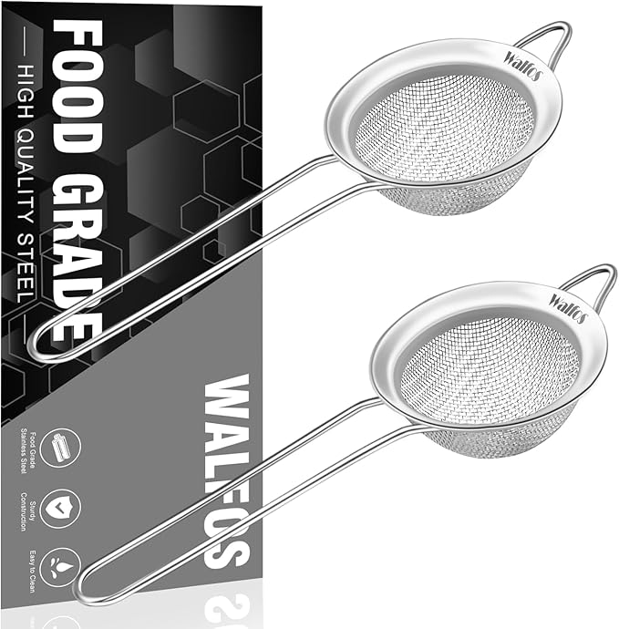 Walfos Small Fine Mesh Tea Strainer, Mini Stainless Steel Sieve with Handle, 2.7 Inch Kitchen Metal Sifter Strainers for Tea, Juicing, Coffee, Cocktail, Powdered Sugar, Matcha (2 Pack) by Walfos