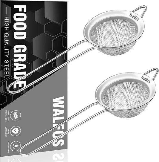 Walfos Small Fine Mesh Tea Strainer, Mini Stainless Steel Sieve with Handle, 2.7 Inch Kitchen Metal Sifter Strainers for Tea, Juicing, Coffee, Cocktail, Powdered Sugar, Matcha (2 Pack) by Walfos
