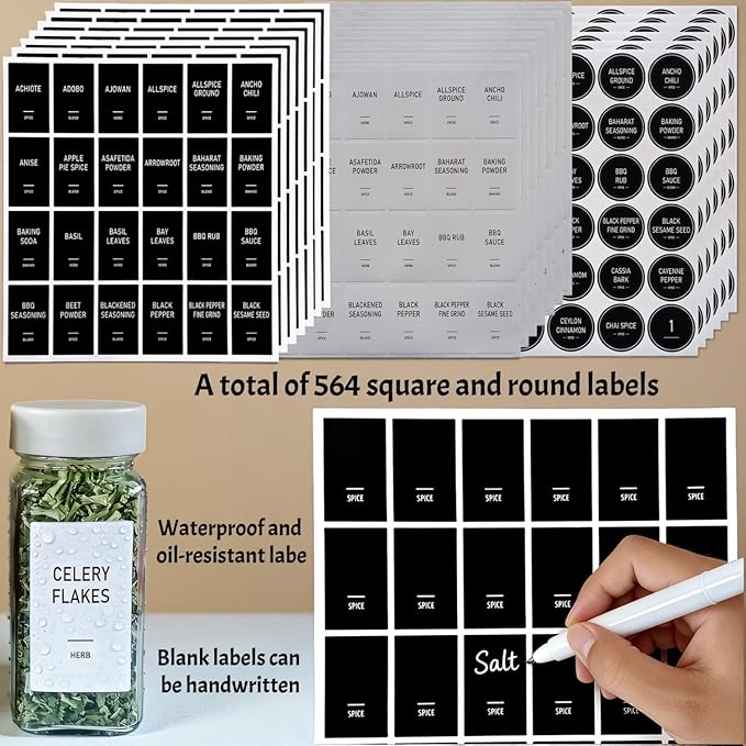 Spice Jars with Labels - 24 Glass Spice with Shaker Lids & Airtight Plastic Caps - 4oz Complete Seasoning Containers Organizer Set for Cabinet, Drawer & Rack (Beige) - Image 6
