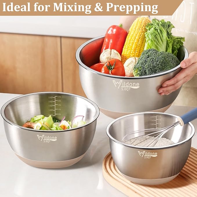 Wildone Mixing Bowls with Airtight Lids, 27 PCS Stainless Steel Nesting Bowls, with 3 Grater Attachments, Scale Mark & Non-Slip Bottom, Size 5, 4, 3, 2, 1.5, 1, 0.63QT, Ideal for Mixing & Prepping - Image 5