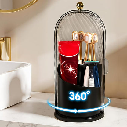 3 Slots Toothbrush Holders with Lid, Rotating Concealed Tooth Brush Holders for Bathroom, Countertop Toothbrush Holder with Cover, Toothpaste Holder for Bathrooms, Makeup Brush Holder(Black)