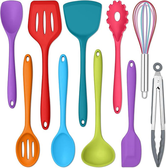 E-far 10 Pcs Silicone Cooking Utensils Set, Heat Resistant Kitchen Utensil Set for Nonstick Cookware, Kitchen Cooking Tools with Spatula, Spoon, Slotted Turner, Non-Toxic & Dishwasher Safe (Colorful) by E-far