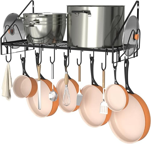 VyGrow 28 Inch Pot Rack Wall Mounted, Pots and Pans Organizer with 12 Hooks and 2 Pot Lid Holders, Heavy Duty Steel Pot and Pan Hanger for Kitchen Cookware Utensils Storage 34.7" Lx13 Wx12.6 H by VyGrow
