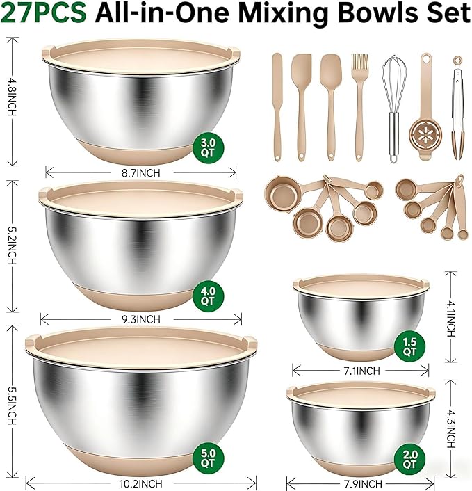 Deedro Premium Mixing Bowls with Airtight Lids Set, 22Pcs Thicker Stainless Steel Mixing Bowl Set, Large Prep Metal Bowls, Non-Slip Silicone Base Nesting Bowls for Kitchen, 1.5/2/3/4/5 QT, Khaki - Image 2
