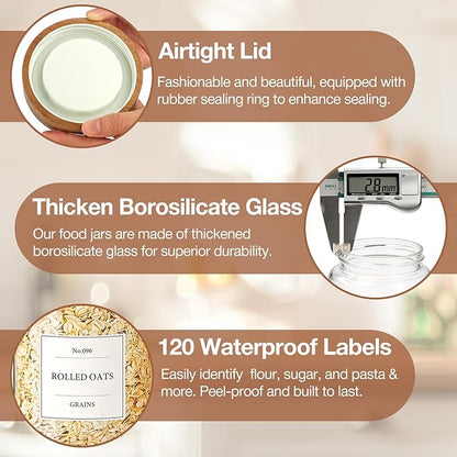 CONNOO 40oz Airtight Glass Storage Containers with Wood Lids (3-Pack) – Includes 120 Pre-Printed Waterproof White Kitchen Labels – Tall Pantry Canisters for Flour, Pasta & Cereal