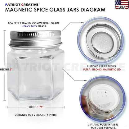 PATRIOT Set of 25 Hexagon Glass Spice Jars with Shaker Lids and Labels for Refrigerator, Kitchen, RV Travel Trailer Magnetic Containers
