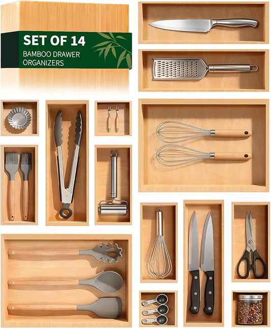 Bamboo Drawer Organizer 14 Pcs for Kitchen Multi-purpose Storage Dividers for Kitchen, Office, Jewelry, Cosmetics, Wooden Drawer Dividers for Drawer Organizer Desk Organizer Gift for Women Gifts Idea by MakeyourLifeBetter