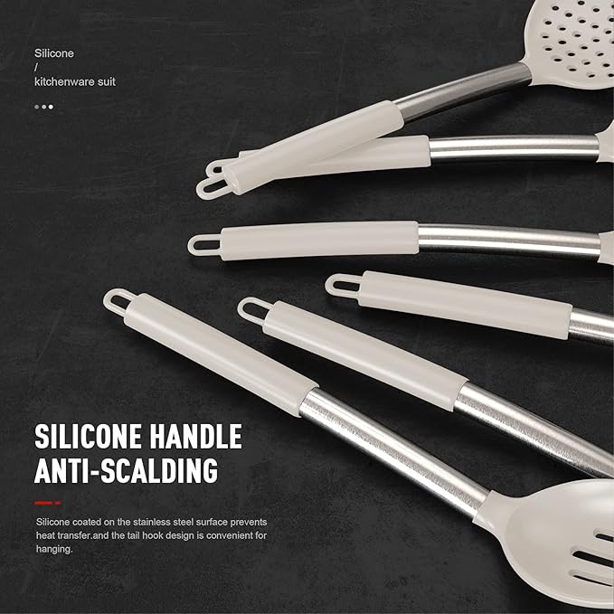 Large Silicone Cooking Utensils Set - Heat Resistant Kitchen Utensils,Turner Tongs,Spatula,Spoon,Brush,Whisk,Stainless Steel Silicone Cooking Tool for Nonstick Cookware,Dishwasher Safe (Khaki) - Image 2