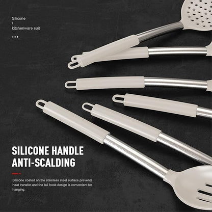 Large Silicone Cooking Utensils Set - Heat Resistant Kitchen Utensils,Turner Tongs,Spatula,Spoon,Brush,Whisk,Stainless Steel Silicone Cooking Tool for Nonstick Cookware,Dishwasher Safe (Khaki) - Image 2