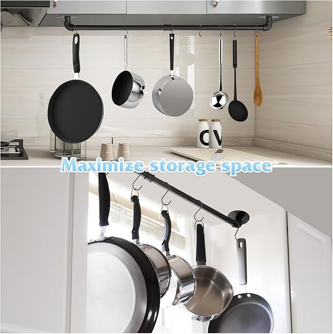 32 inch Pot Rack Wall Mounted Pan Hangers for Kitchen, Industrial Pipe Utensils Hanging Rail Iron Detachable Storage Organizer Lids Holder with 8 S Hooks, Black - Image 2