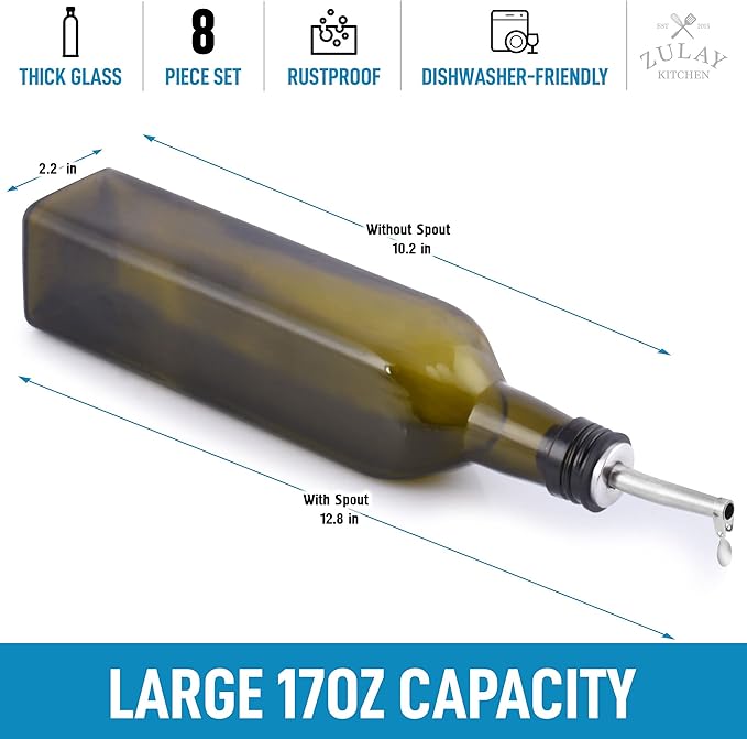 Zulay Kitchen (2 pack 17oz Olive Oil Dispenser Bottle For Kitchen - With 2 Spouts, 2 Removable Corks, 2 Caps, & 1 Funnel - Oil Bottle For Kitchen & Storing Liquids - Image 3