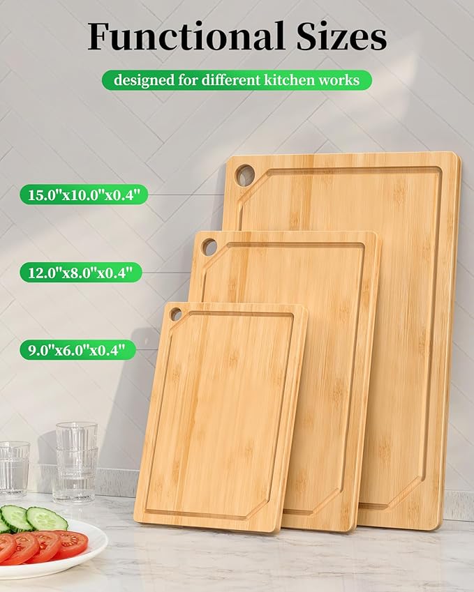 Kitchen Cutting Board Set - 3-Piece Wooden Cutting Boards for Kitchen with Juice Groove, Handles, Hang Holes, Stylish Kitchen Essentials for Chpping & Serving, Natural, 0.4"Th - (L+M+S) - Image 5